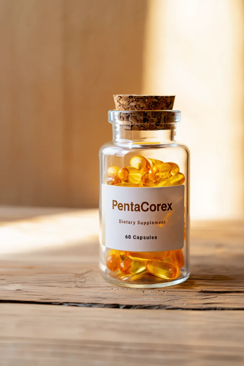 PentaCorex dietary supplement bottle with capsules displayed on natural background